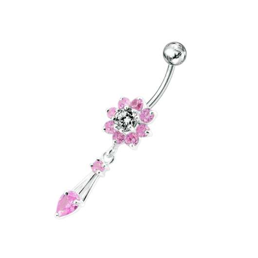 Navelsmycken - blomma med rosa kristaller